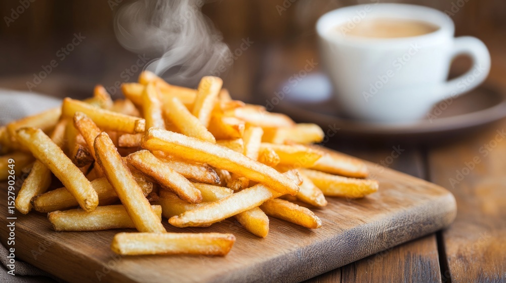 Poster a mouthwatering display of french fries in a cozy caf setting, with a steaming cup of coffee in the 