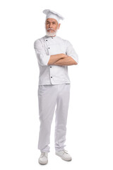 Full length portrait of professional pastry chef on white background