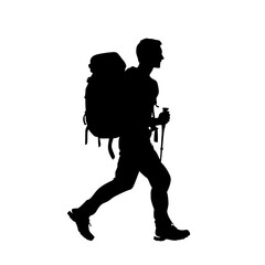 a black and white silhouette of a hiker with a backpack backpack, black, hiker, man, silhouette, traveler, walk , Generative art.