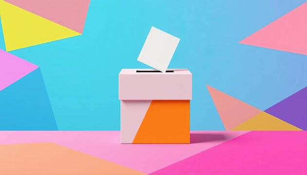 Bold geometric shapes forming abstract voting ballot box  Modern, colorful, modular design,  poster,  template