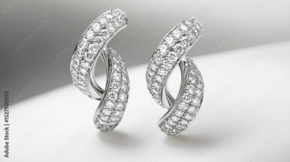 Poster a pair of elegant diamond earrings with a twist design, displayed on a pristine white surface, creat