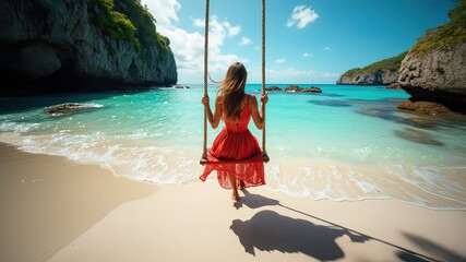 Happy free carefree woman traveler wearing red dress rides on swing over turquoise sea water. Journey to beautiful destinations and enjoying scenic idyllic beach vacations