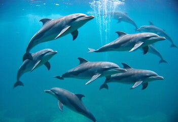 Naklejka premium Bottlenose dolphins (Tursiops truncatus) in various playful poses underwater, underwater, Bottlenose dolphin