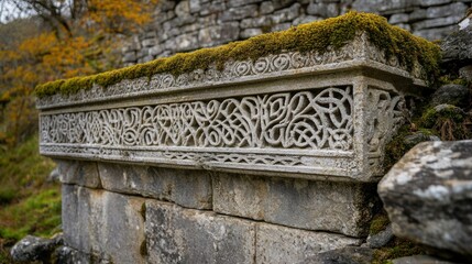 Ornate stone carving on a weathered stone wall, overgrown with moss. Autumnal colors visible in background