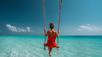 Happy free carefree woman traveler wearing red dress rides on swing over turquoise sea water. Journey to beautiful destinations and enjoying scenic idyllic beach vacations