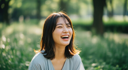 Beautiful young Asian woman laughing, showing perfect white teeth. Joyful female model enjoying a sunny summer day in a park. Authentic happiness and positive lifestyle concept.