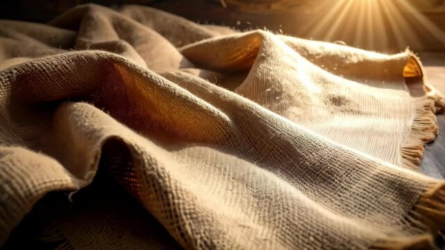 Close-up of textured burlap cloth draped over aged wood surface with natural sunbeams highlighting its coarse weave, golden light.