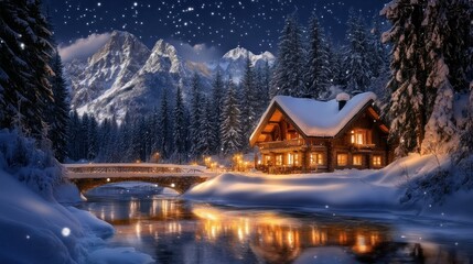 Fototapeta premium Snowy winter cabin nestled by a river, mountains in the background
