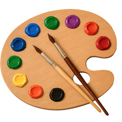 Wooden Artist Palette with Colorful Paints and Brushes