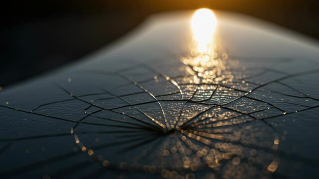 Broken car windshield with spider web crack pattern reflecting sunlight. Damaged vehicle glass safety hazard requiring repair service. Auto insurance claim accident emergency
