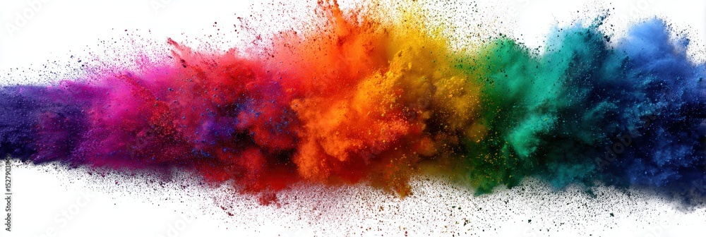 Poster a vibrant burst of multicolored powder exploding horizontally against a white background, showcasing