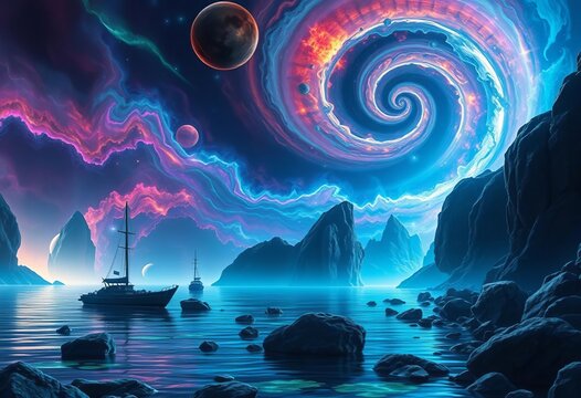 Sci-fi fantasy bay, alien planet backdrop, swirling nebula, vibrant colors, adventure exploration,  otherworldly,  cosmic
