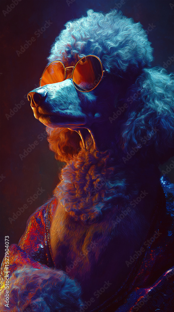 Poster a poodle with sunglasses and a jacket in a dark setting with artistic color grading and lighting
