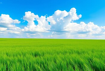 Obraz premium Seamless border of vibrant green field under a bright spring/summer sky with fluffy white clouds, stock, sky