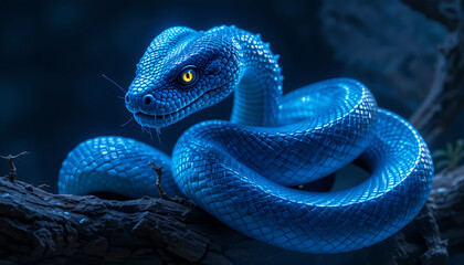 Fototapeta premium Striking Blue Viper Coiled on Branch with Intense Yellow Eyes