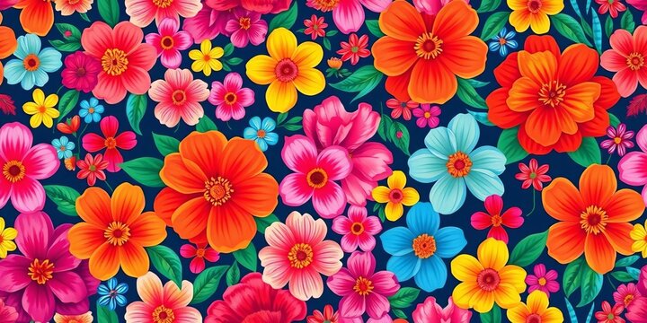 Seamless bright floral pattern, colorful blossoms and blooms, repeating texture, multicolored backdrop for textile design, print, textile pattern