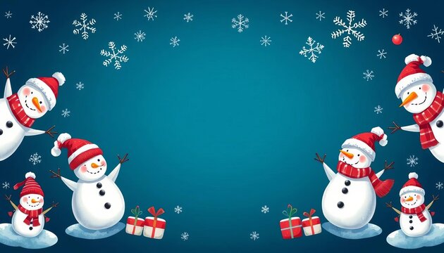 Seamless Christmas border featuring cheerful snowmen in winter attire, snowflakes, and a dark blue background, winter, seamless