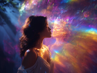 Woman stands in serene environment, illuminated by colorful reflections and light patterns. ethereal atmosphere creates dreamlike quality, enhancing her contemplative expression