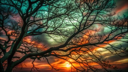 Pastel Sky at Dawn with Tree Branches Silhouetted Against Background