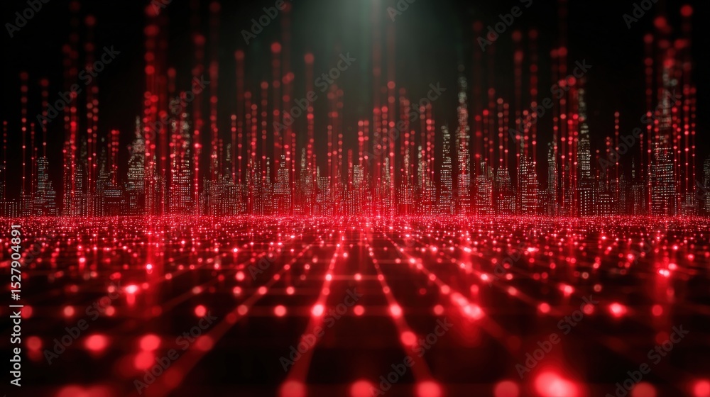 Poster a digital landscape of glowing red dots and lines forming a futuristic grid with rising vertical lig
