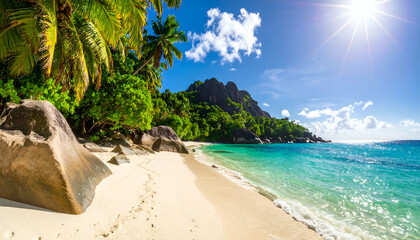 Tropical Paradise Pristine Beach, Turquoise Water, Palm Trees
