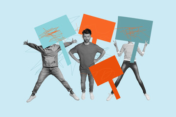 Composite art 3d creative collage of puzzled man activist stand headless crowd people show victory...