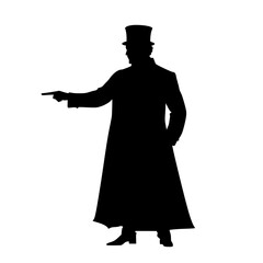 a black silhouette of a man in a long coat and top hat pointing with his hand black, coat, finger, hand, hat, long, man, point, robe, silhouette, stand, trench coat , Generative art.