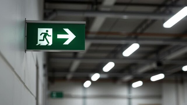 Green emergency exit sign mounted on ceiling in underground parking garage. White directional arrow pointing right. Safety evacuation system for public buildings and commercial spaces