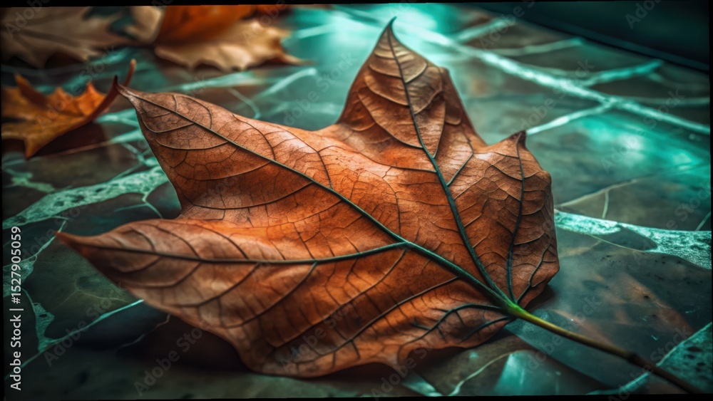 Poster single dried leaf on smooth marble background with soft light effects