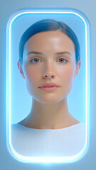 Serene woman with smooth skin and neutral expression is framed by glowing blue light. Her hair is neatly styled, and she wears simple white outfit, creating modern and clean aesthetic