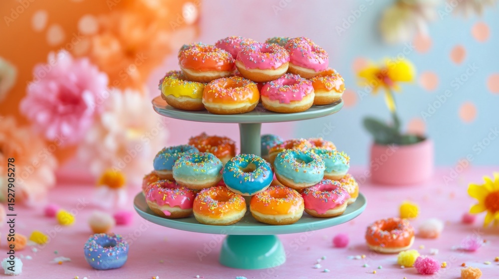 Poster a playful shot of colorful mini donuts arranged on a tiered serving stand, with vibrant decorations 