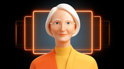 This features stylized elderly woman with short white hair, wearing glasses and colorful outfit. background includes glowing geometric shapes, creating modern and vibrant atmosphere