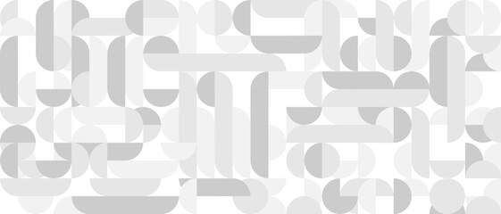 White trendy seamless background of circles and squares in modern Scandinavian style. Cover of gray geometric shapes in retro texture for wallpaper or packaging.