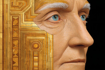 This features close up of human face intricately blended with geometric patterns and textures, creating striking visual contrast. detailed craftsmanship highlights fusion of human features with