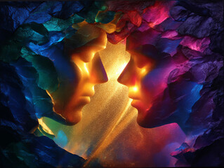 Vibrant and artistic representation of two faces emerging from colorful, rocky background, symbolizing connection and emotion. interplay of light and color creates captivating atmosphere
