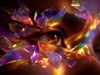 Image features close up of eye adorned with colorful, reflective shards, creating striking visual effect. interplay of light and color evokes sense of beauty and intrigue