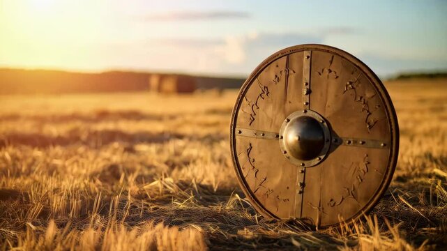 A round shield with metal trim stands in a golden field, illuminated by warm sunlight during the late afternoon or early evening.