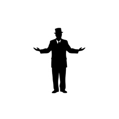 a black silhouette of a man wearing a suit and tie with his hands out arm, black, hand, hat, man, silhouette, stand, suit, tie, wear 