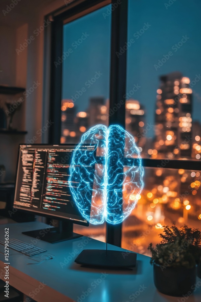 Poster a glowing holographic brain model illuminates a workspace with code on a monitor and a cityscape vis