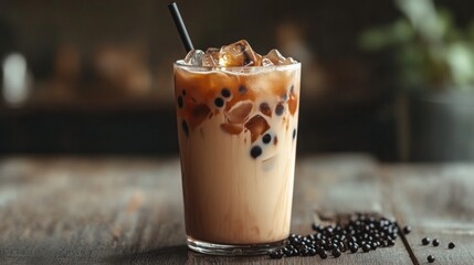 A refreshing iced milk tea with black tapioca pearls, placed on a wooden table with natural lighting