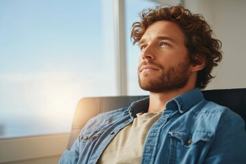 In a serene and hopeful image for mental health awareness, a person finds a peaceful moment of contemplation in a brightly lit, minimalist room.