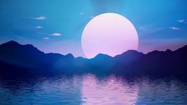 Digital retro-style neon sunset over water and silhouette mountain range, glowing synth wave scene evoking 80s aesthetic, nostalgia, and futuristic dreamscape