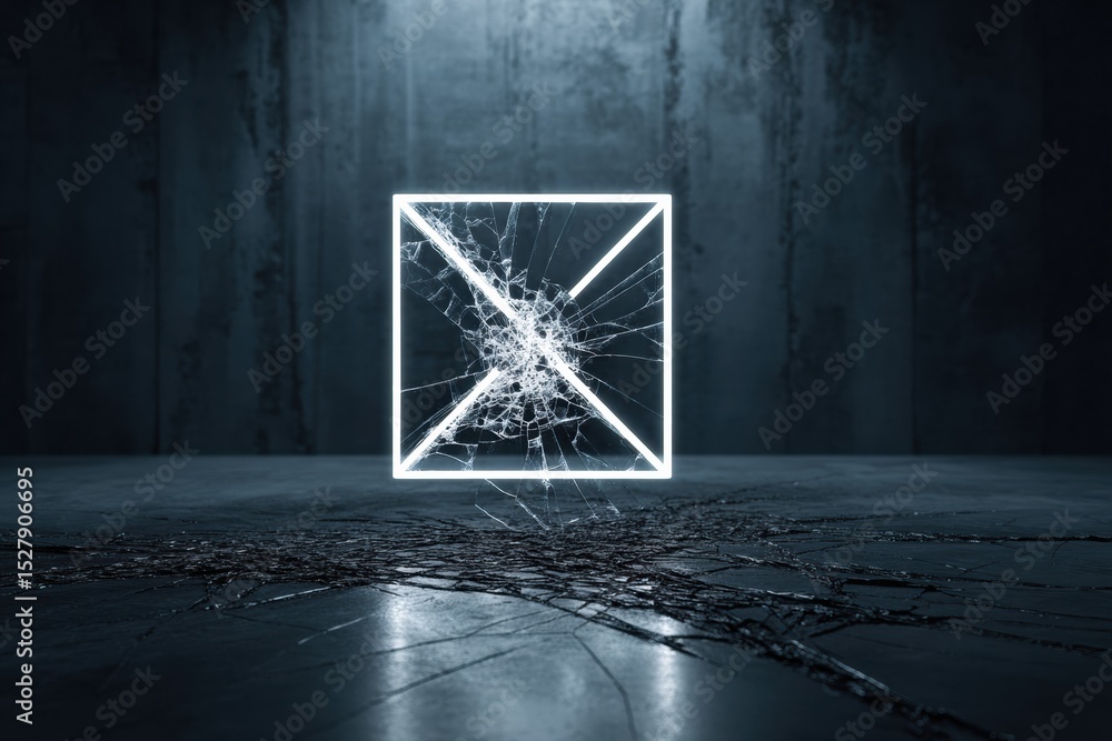 Poster Cracked Error Icon in Dark Abstract Environment With Clean Top Zone