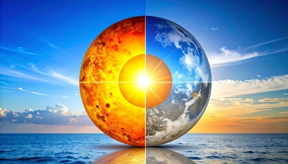 Planet Earth and Sun Split Image over Ocean