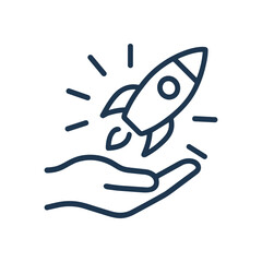 Hand launches a futuristic rocket. Icon symbol illustration