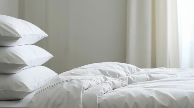 White pillows stacked on bed with soft natural lighting creating cozy bedroom atmosphere. Clean bedding linens for comfortable sleep rest. Home comfort concept for hospitality furniture