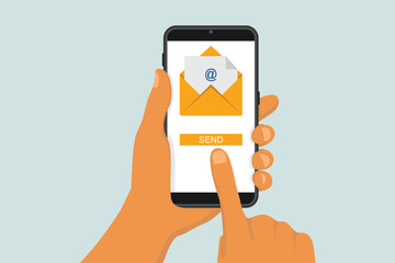 Hand touching smartphone with email symbol on screen. Concept of sending messages. Message sent on mobile phone. Smartphone with email social network in hand.