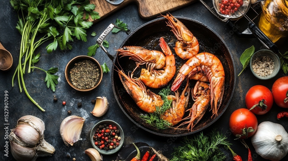Poster a rustic cooking setup with large shrimp marinating in spices and herbs, surrounded by fresh ingredi