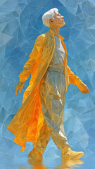 Stylized figure walking confidently in vibrant orange coat against geometric blue background, exuding sense of freedom and exploration
