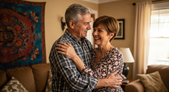 Happy senior couple embracing and smiling in their living room. Mature man and woman sharing a romantic moment of love and affection. Concept of lasting marriage, retirement, and togetherness.